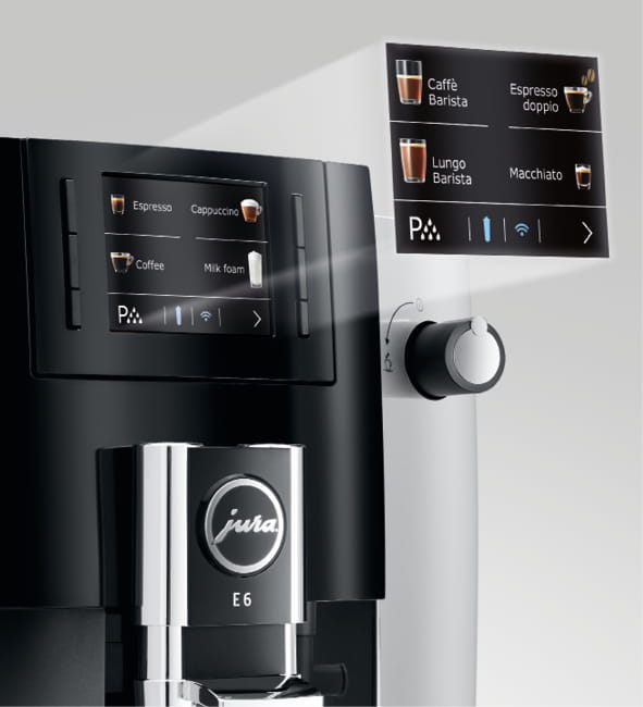 Ekspres Jura E6 EB w kolorze Platin, prezentacja menu kawowego