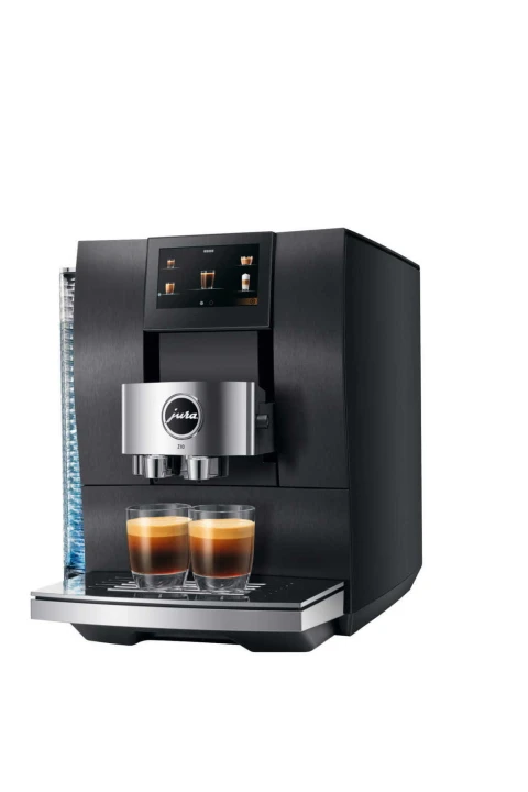 Ekspres Jura Z10 w kolorze alu dark inox, zaprezentowany od prawej strony, z dwiema szklankami espresso