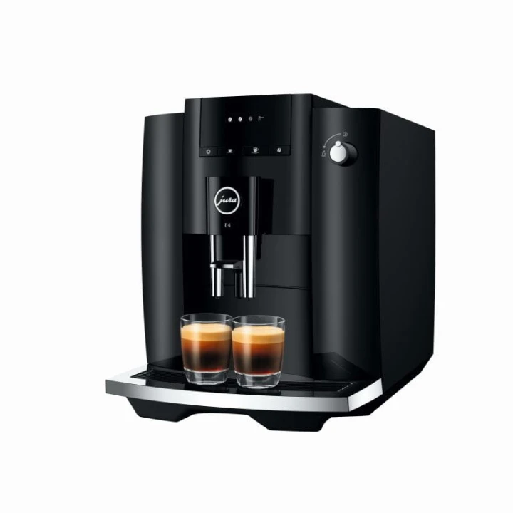 Ekspres Jura E4 EA w kolorze Piano Black, zaprezentowany od prawej strony z dwiema kawami espresso, widok na pokrętło gorącej wody