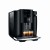 Ekspres Jura E4 EA w kolorze Piano Black, zaprezentowany od lewej strony z dwiema kawami espresso, widok na zbiornik wody ze wzorem w linie