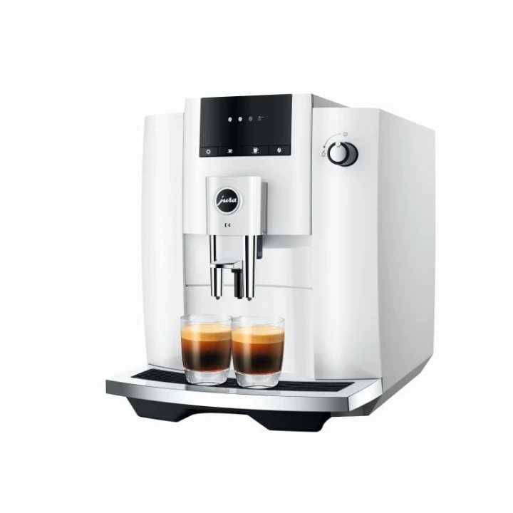 Ekspres Jura E4 EA w kolorze Piano White, zaprezentowany od prawej strony z dwiema kawami espresso, widok na pokrętło gorącej wody