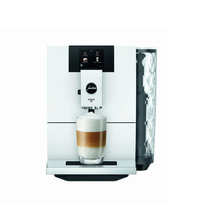 Ekspres Jura ENA 8 EC w kolorze Full Nordic White, prezentacja z latte macchiato