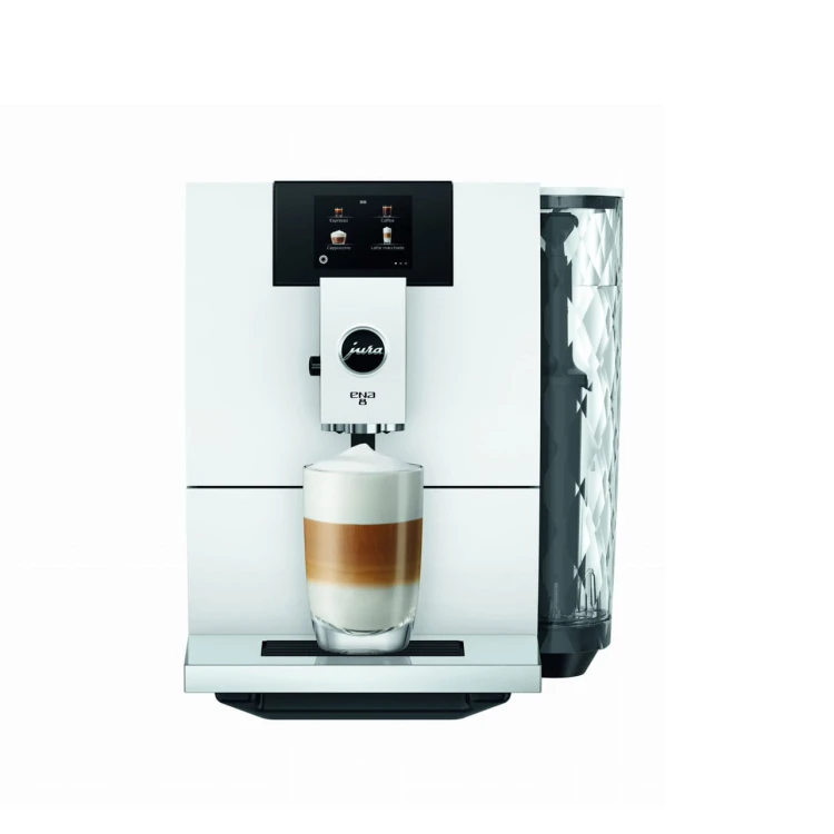 Ekspres Jura ENA 8 EC w kolorze Full Nordic White, prezentacja z latte macchiato