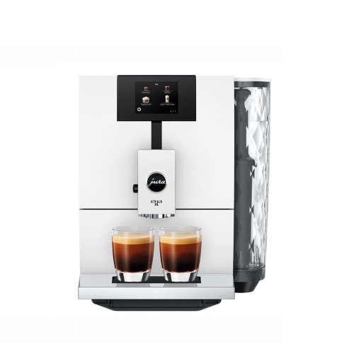 Ekspres Jura ENA 8 EC w kolorze Full Nordic White, zaprezentowana od frontu, z dwiema szklankami kawy espresso