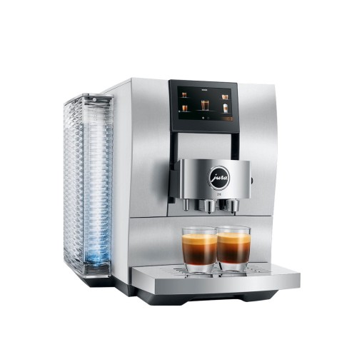 Ekspres Jura Z10 w kolorze Aluminium White, zaprezentowany od lewej strony, z widokiem na zbiornik wody oraz dwiema szklankami espresso