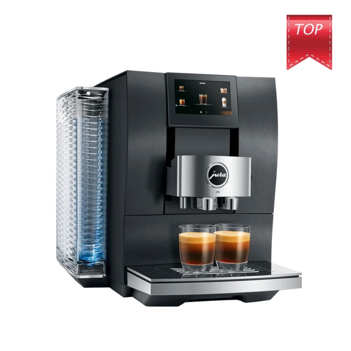 Ekspres Jura Z10 w kolorze alu dark inox, zaprezentowany od lewej strony, z widokiem na zbiornik wody oraz dwiema szklankami espresso