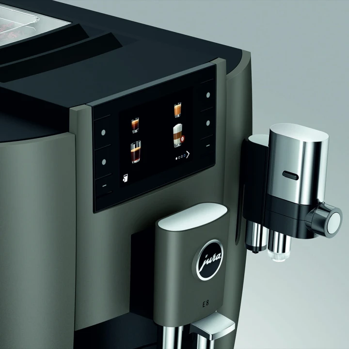 Ekspres Jura E8 EC w kolorze Dark Inox, zbliżenie na trzy i pół calowy ekran kolorowy