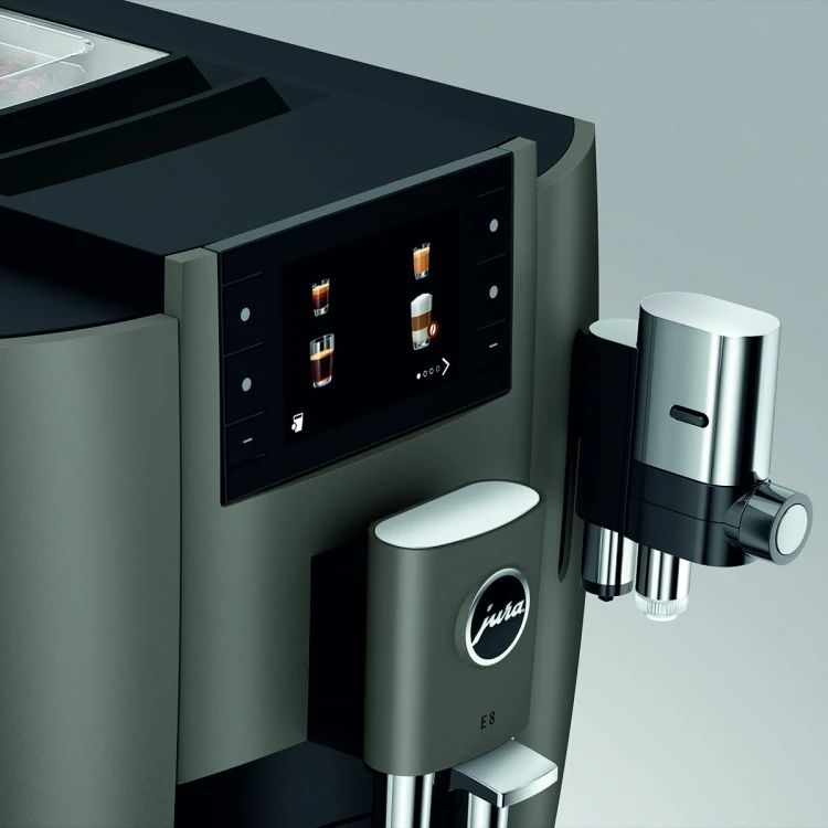 Ekspres Jura E8 EC w kolorze Dark Inox, zbliżenie na trzy i pół calowy ekran kolorowy