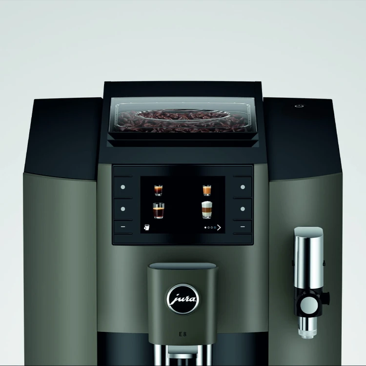 Ekspres Jura E8 EC w kolorze Dark Inox, zbliżenie na panel sterujący z ekranem kolorowym
