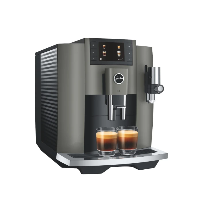 Ekspres Jura E8 EC w kolorze Dark Inox, zaprezentowany z lewej strony z dwiema kawami espresso, widok na zbiornik wody