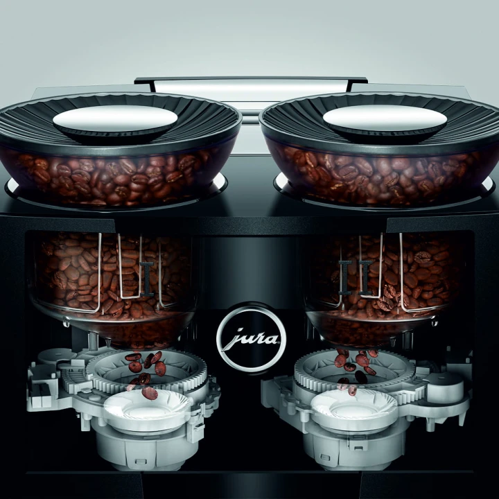 Ekspres Jura GIGA 10 w kolorze Diamond Black - błyszczącej czerni, wizualizacja wnętrza dwóch niezależnie pracujących młynków ceramicznych