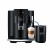 Ekspres Jura E8 EC w kolorze Piano Black, zaprezentowany od frontu z kawą latte macchiato oraz czarną chłodziarką Cool Control