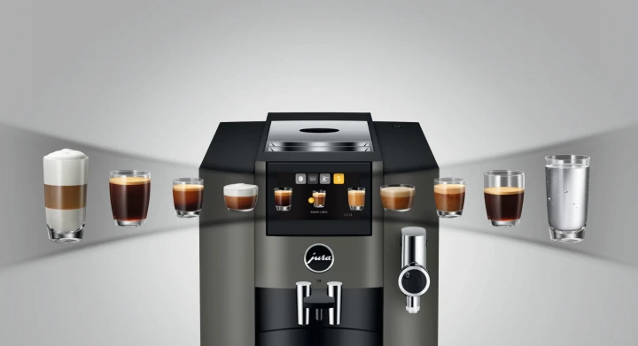 Ekspres Jura S8 EB w kolorze Dark Inox z prezentacją różnych wariantów specjałów kawowych do wyboru w menu kaw