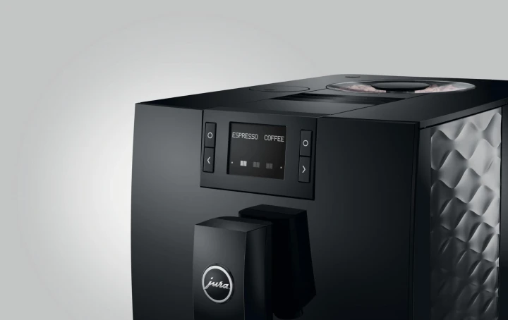 Ekspres Jura C8 EA w kolorze Piano Black, zbliżenie na wyświetlacz tekstowy i przyciski sterujące