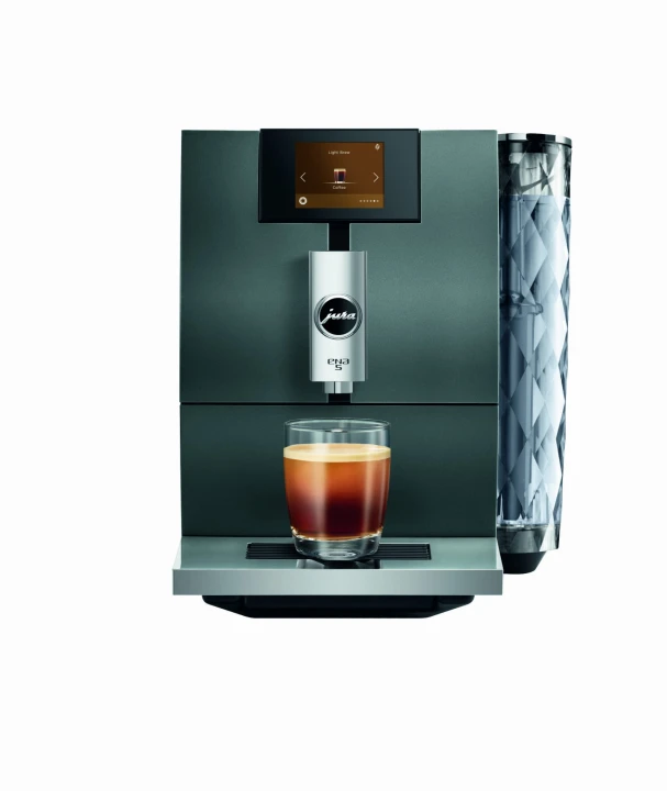 Ekspres Jura ENA 5 EA w kolorze Night Inox, zaprezentowany z ekranem w kolorze brązowym - aktywowane Light Brew