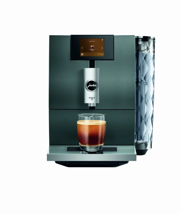 Ekspres Jura ENA 5 EA w kolorze Night Inox, zaprezentowany z ekranem w kolorze brązowym - aktywowane Light Brew