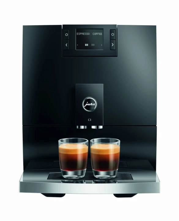 Ekspres Jura C3 EA w kolorze Piano Black, zaprezentowany od frontu z dwiema szklankami espresso
