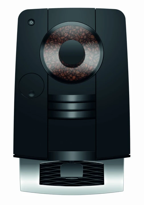 Ekspres Jura C3 EA w kolorze Piano Black, zaprezentowany od góry, z widokiem na zbiornik ziaren kawy