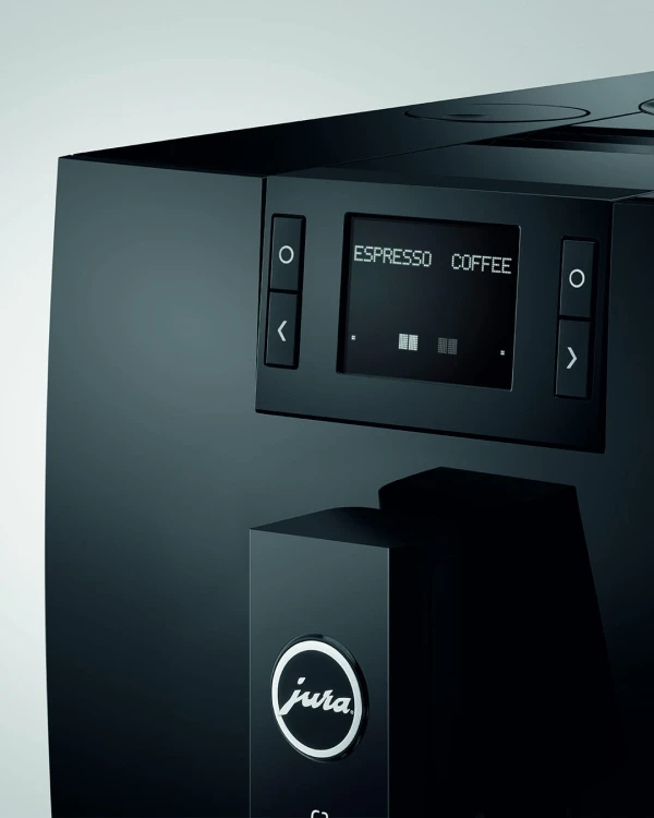 Ekspres Jura C3 EA w kolorze Piano Black, zbliżenie na wyświetlacz tekstowy i przyciski sterujące