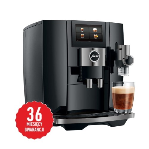 Ekspres Jura J10 w kolorze Piano Black, zaprezentowany ze znaczkiem 36 miesięcy gwarancji