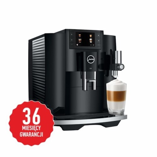 Ekspres Jura E8 EC w kolorze Piano Black, generacja czwarta, ze znaczkiem 36 miesięcy gwarancji