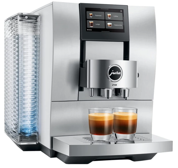 Ekspres Jura Z10 EB w kolorze Aluminium White, zaprezentowany od lewej strony, z widokiem na zbiornik wody oraz dwiema szklankami espresso