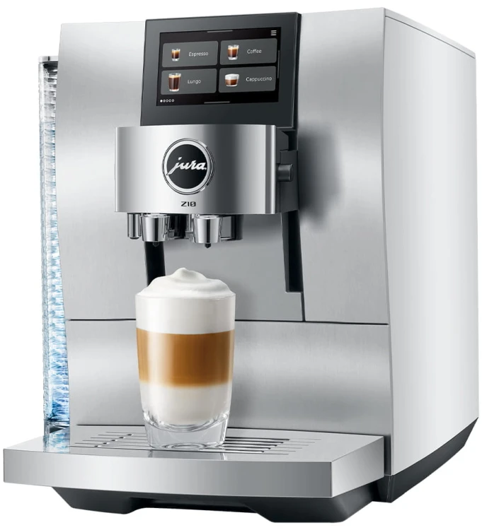 Ekspres Jura Z10 EB w kolorze Aluminium White, zaprezentowany od prawej strony, ze szklanką kawy Latte Macchiato