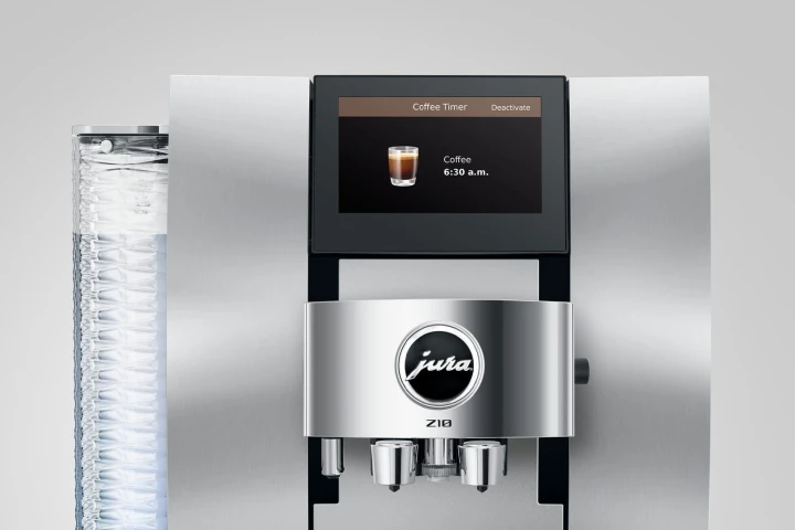 Ekspres Jura Z10 w kolorze białym, widok na ekran dotykowy z włączoną funkcją Coffee Timer