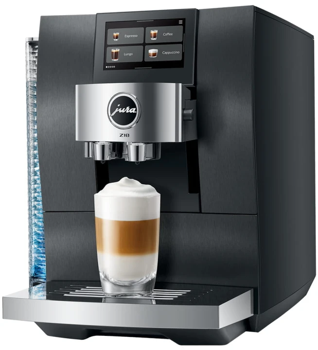Ekspres Jura Z10 EB w kolorze Aluminium Black, zaprezentowany od prawej strony, ze szklanką kawy Latte Macchiato