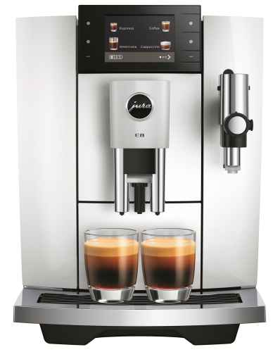 Ekspres Jura E8 ED w kolorze Piano White - błyszczącej bieli, zaprezentowany od frontu z dwiema kawami espresso