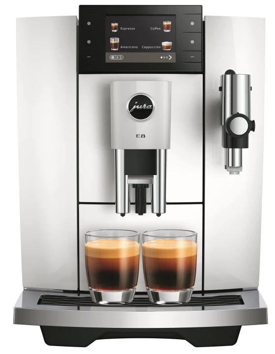 Ekspres Jura E8 ED w kolorze Piano White - błyszczącej bieli, zaprezentowany od frontu z dwiema kawami espresso