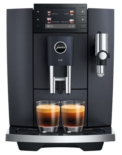 Ekspres Jura E8 ED w kolorze Cosmic Black, zaprezentowany z dwiema kawami typu espresso