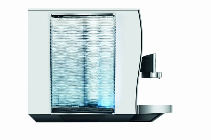 Ekspres Jura Z10 w kolorze Aluminium White, widok z lewej strony na zbiornik wody z podświetleniem LED