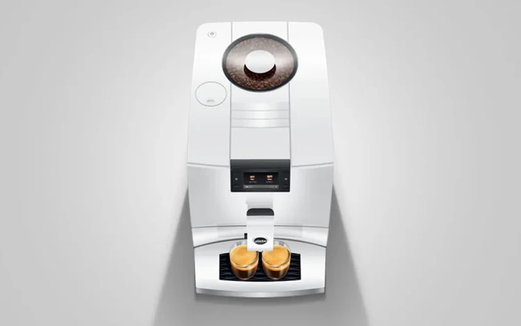 Ekspres Jura C9 EA w kolorze Piano White, prezentacja ekspresu od góry z widokiem na pojemnik na ziarna kawy