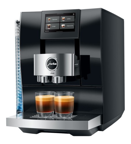 Ekspres Jura Z10 EB w kolorze Diamond Black, zaprezentowany od prawej strony z dwiema espresso