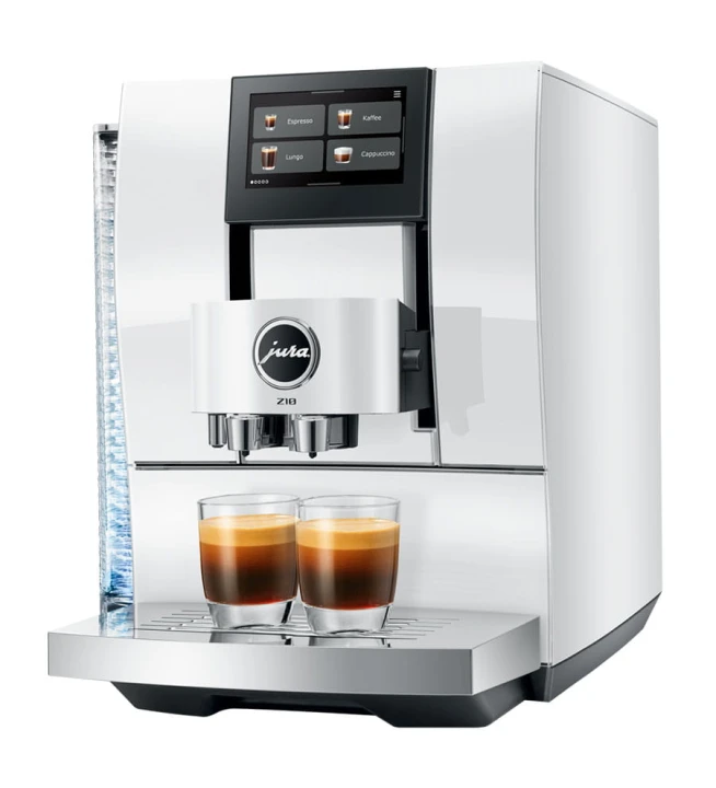 Ekspres Jura Z10 EB w kolorze Diamond White, zaprezentowany od prawej strony z dwiema espresso