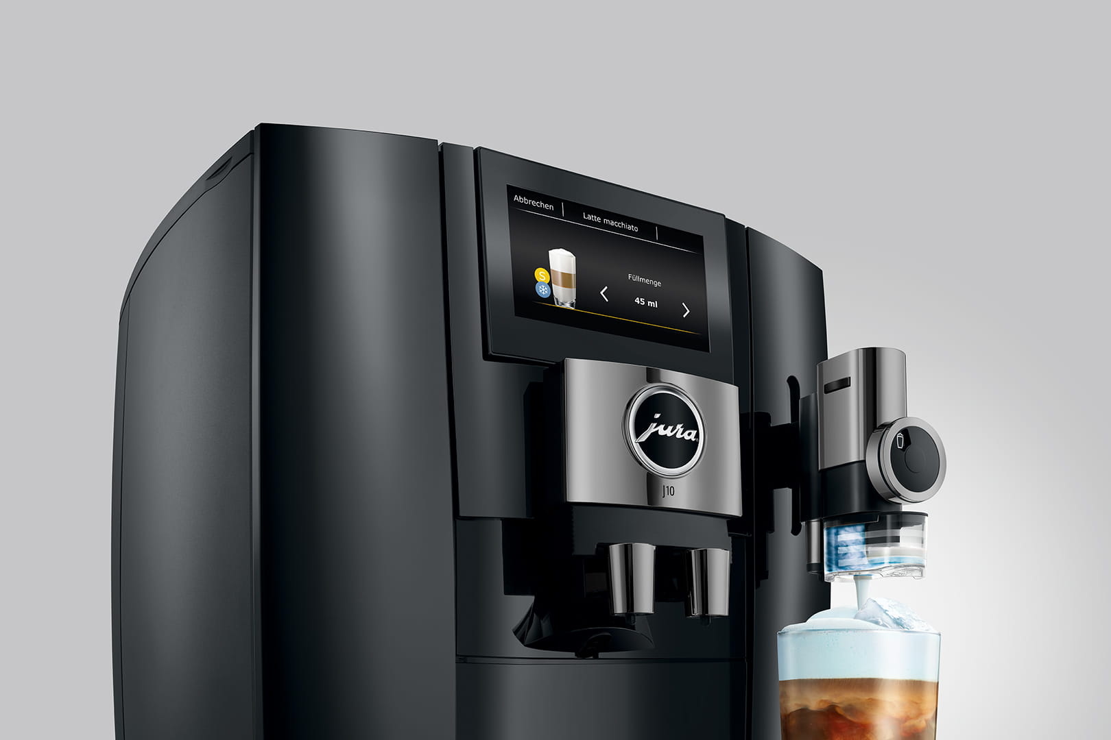 Ekspres Jura J10 Piano Black wykonujący kawę ze słodką pianką cold-brew